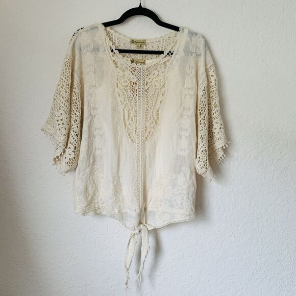 NWT Democracy Blouse Beige S Embroidered Open Crochet Lace Peasant Boho Cottage - Picture 1 of 10
